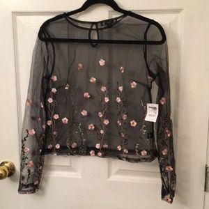 Long Sleeve Floral Mesh Embroidered Top